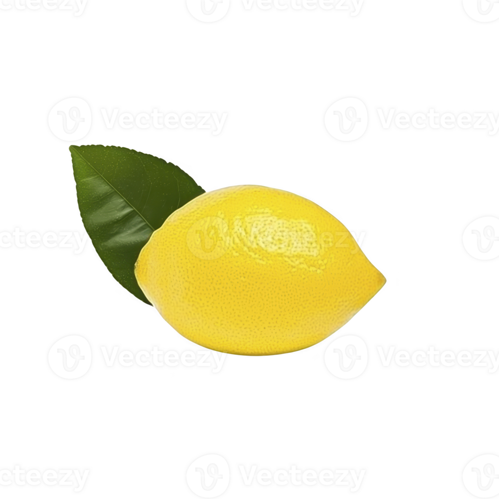 Vibrant yellow lemon with glossy surface and single green leaf attached, isolated on transparency background. image highlights freshness and natural appeal of citrus fruit png