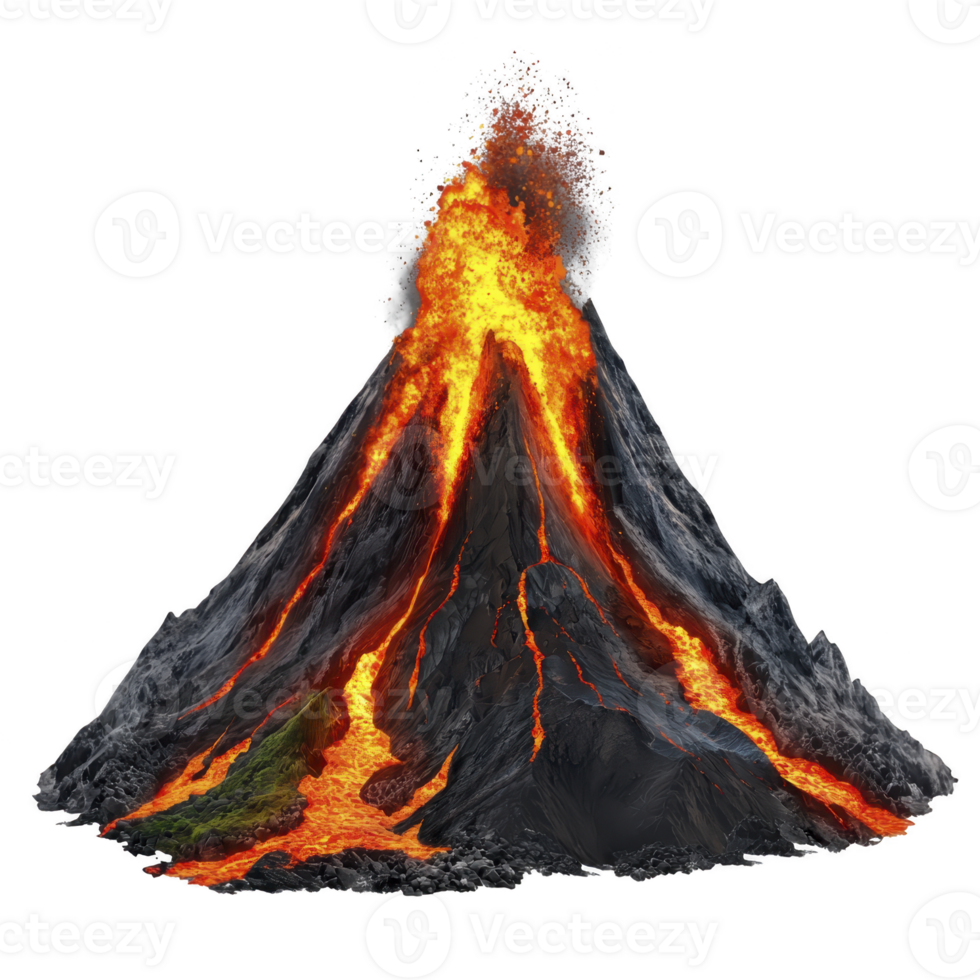 Fiery volcano erupts with bright orange lava flowing down its sides, surrounded by dark ash and smoke. dramatic scene captures raw power and intensity of nature fury png