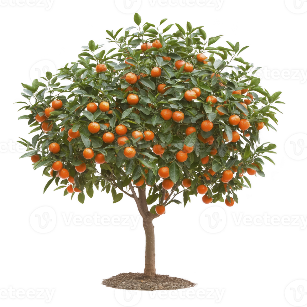 Vibrant orange tree laden with ripe fruit stands against transparency background, showcasing lush green leaves and sturdy trunk. abundance of oranges suggests healthy, thriving plant png