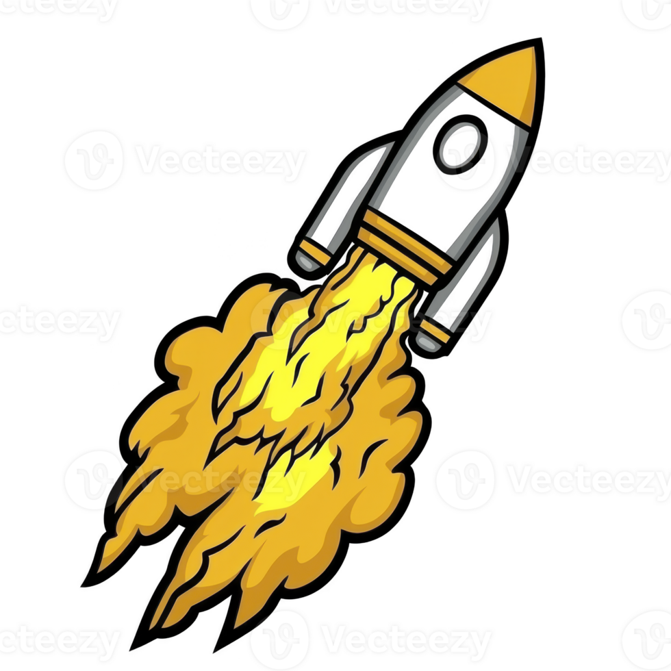 Cartoon rocket with yellow flames propelling it forward, symbolizing speed and innovation. rocket is black and yellow, with simple, playful design png