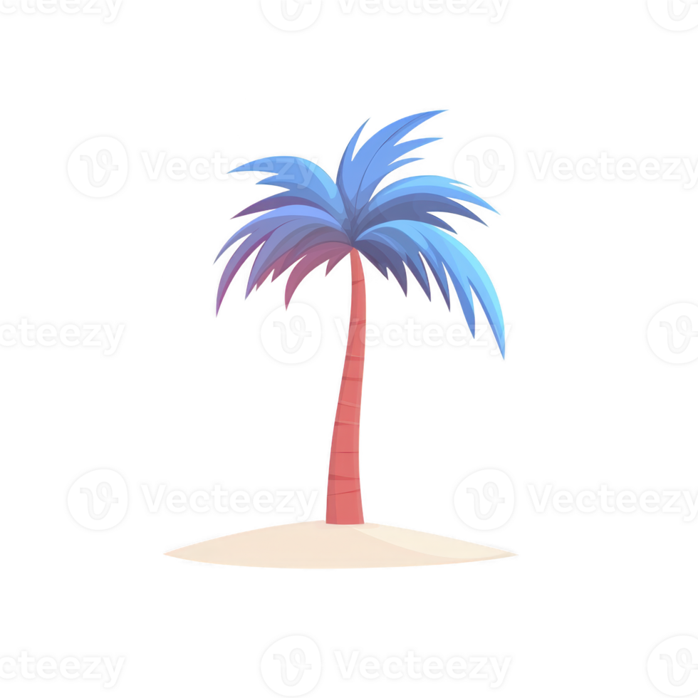 Vibrant, stylized palm tree with blue and pink leaves stands on small sandy island, evoking tropical and whimsical atmosphere png
