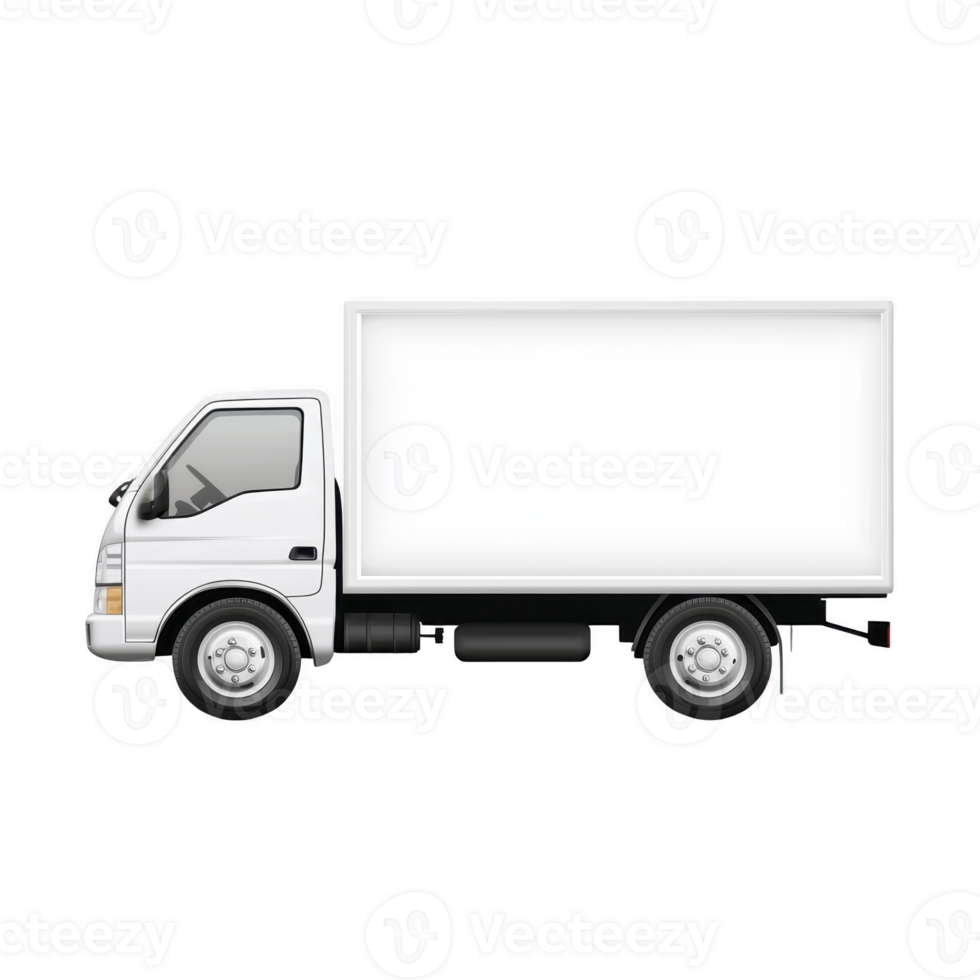 White delivery truck with blank side panel is depicted, ideal for advertising or branding. vehicle is shown in profile, highlighting its clean and simple design png