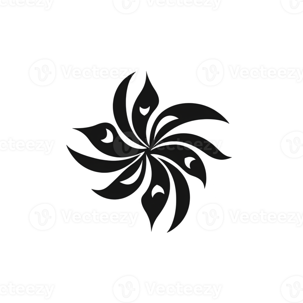 Symmetrical black abstract design with swirling, petal like shapes radiating from center, creating dynamic and artistic pattern. design is simple yet elegant, suitable for various decorative png