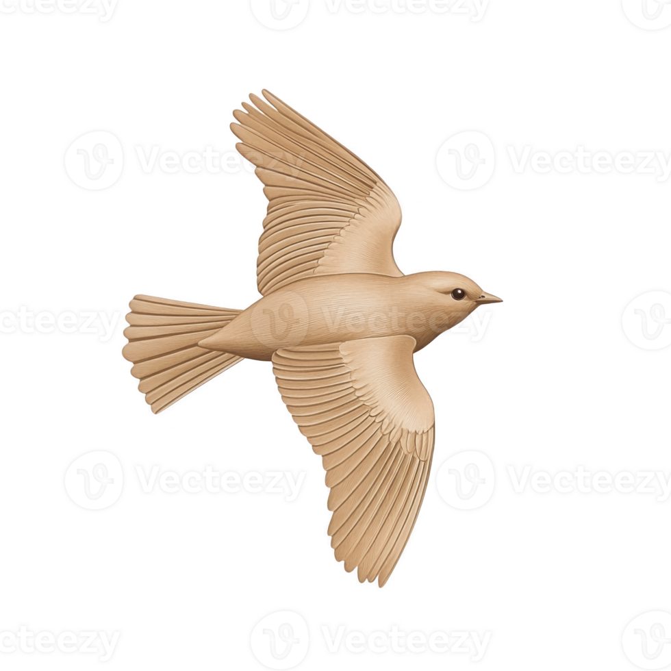 Wooden bird sculpture with detailed wings and smooth finish, captured mid flight against plain background. craftsmanship highlights natural wood texture and elegant design png