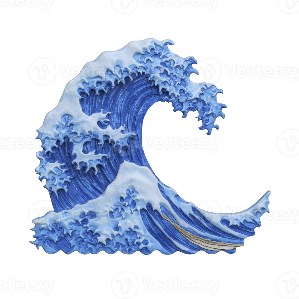 This depicts stylized, artistic representation of large ocean wave, reminiscent of traditional Japanese art. wave is detailed with dynamic curves and frothy whitecaps, capturing sense of movement png