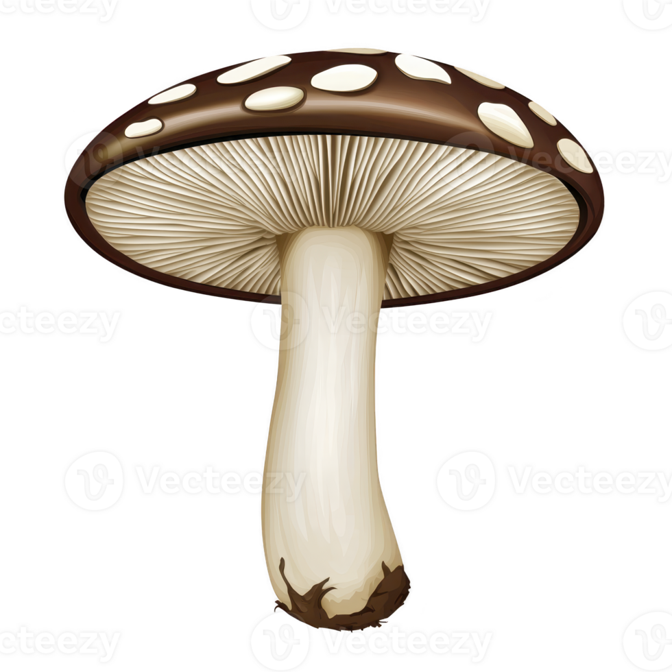 Realistic illustration of brown mushroom with white spots, showcasing its detailed gills and smooth stem. mushroom is depicted against transparent background, highlighting its natural texture png