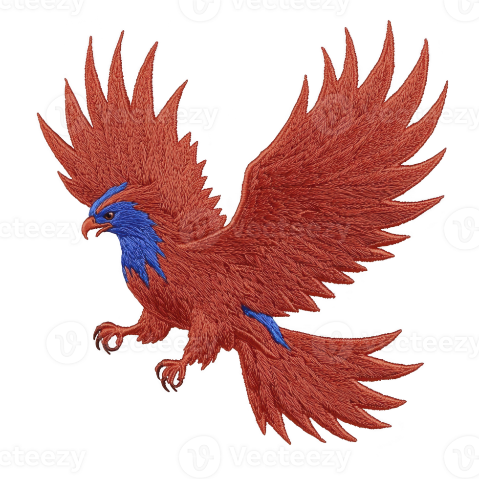 Vibrant red and blue embroidered phoenix with outstretched wings symbolizes rebirth and strength. intricate stitching highlights mythical creature dynamic pose and fiery plumage png
