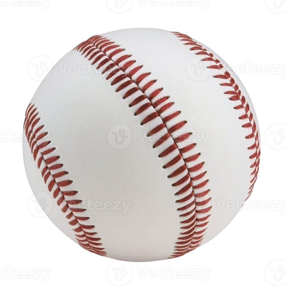 White baseball with red stitching is shown, highlighting its classic design and texture. ball is isolated on transparency background, emphasizing its round shape and detailed seams png