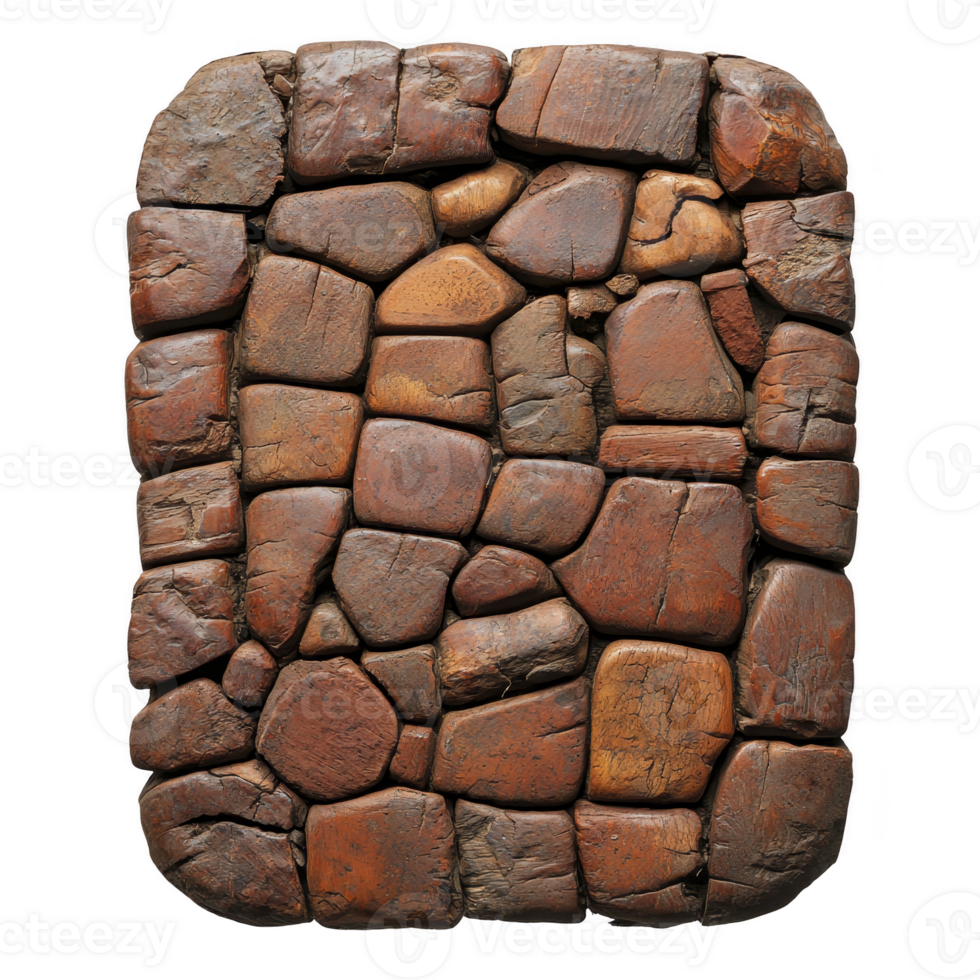 Rectangular arrangement of irregularly shaped, weathered stones creates rustic, textured surface. stones vary size and color, ranging from deep brown to reddish hues, evoking natural, earthy feel png