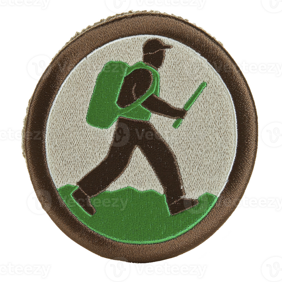 Circular embroidered patch features hiker with backpack and walking stick, set against green and brown background. design is simple and symbolic, representing outdoor activities and adventure png