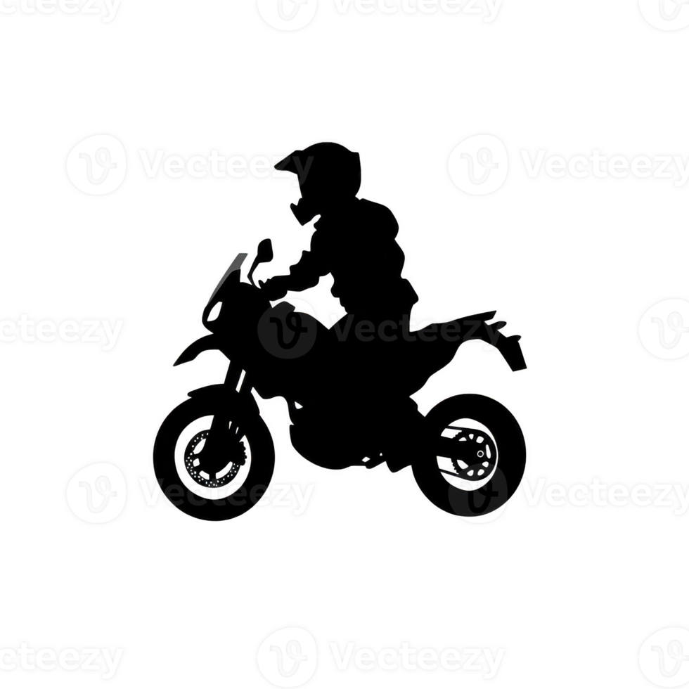 Silhouette of person riding motorcycle, showcasing adventure and freedom. image captures essence of motorcycling with focus on rider posture and bike design png