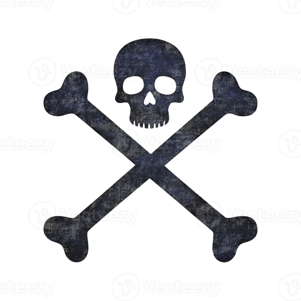 Skull and crossbones symbol with textured, dark appearance, often associated with danger or piracy. design features skull above two crossed bones, creating classic warning icon png