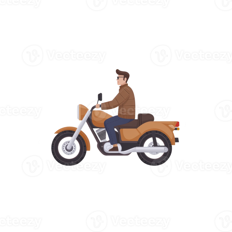 Man wearing brown jacket and sunglasses rides classic motorcycle with relaxed expression. motorcycle is orange and has vintage design, evoking sense of adventure png