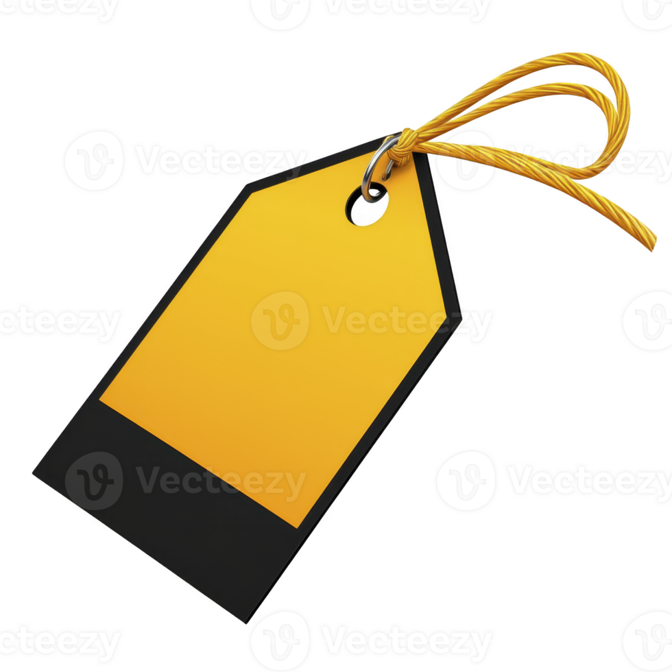 Yellow and black price tag with string for attachment, isolated on transparency background, perfect for retail or sale promotions png