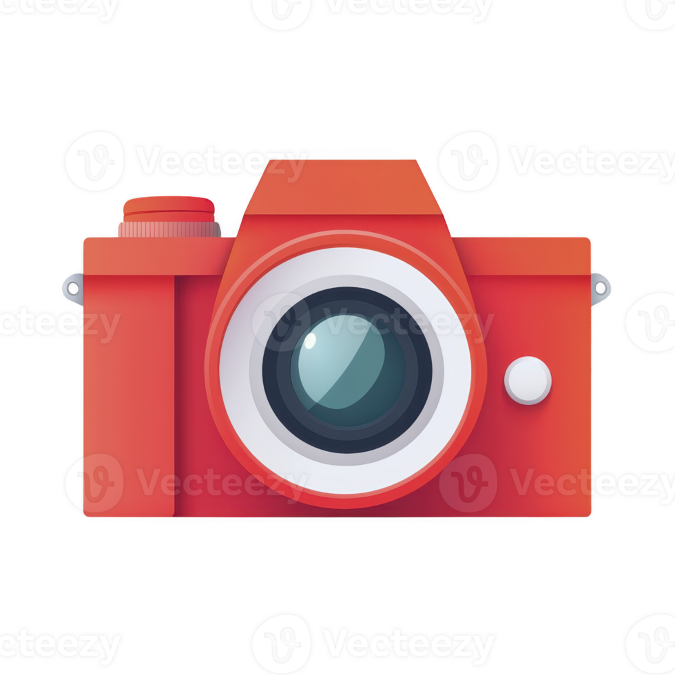 Vibrant red camera icon with large lens and simple design, perfect for representing photography or media themes. illustration is modern and eye catching, suitable for digital use png