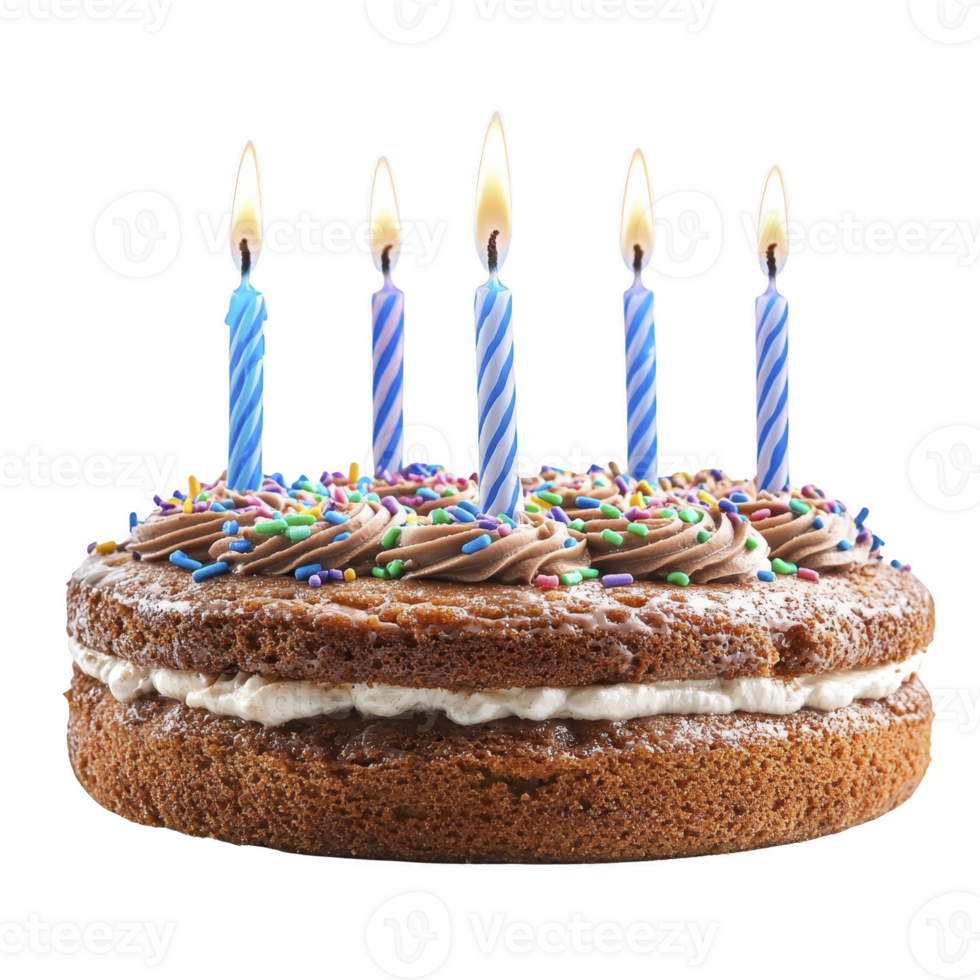Chocolate birthday cake with five lit candles and colorful sprinkles on top creates festive and joyful atmosphere. cake has creamy filling and is ready for celebration png