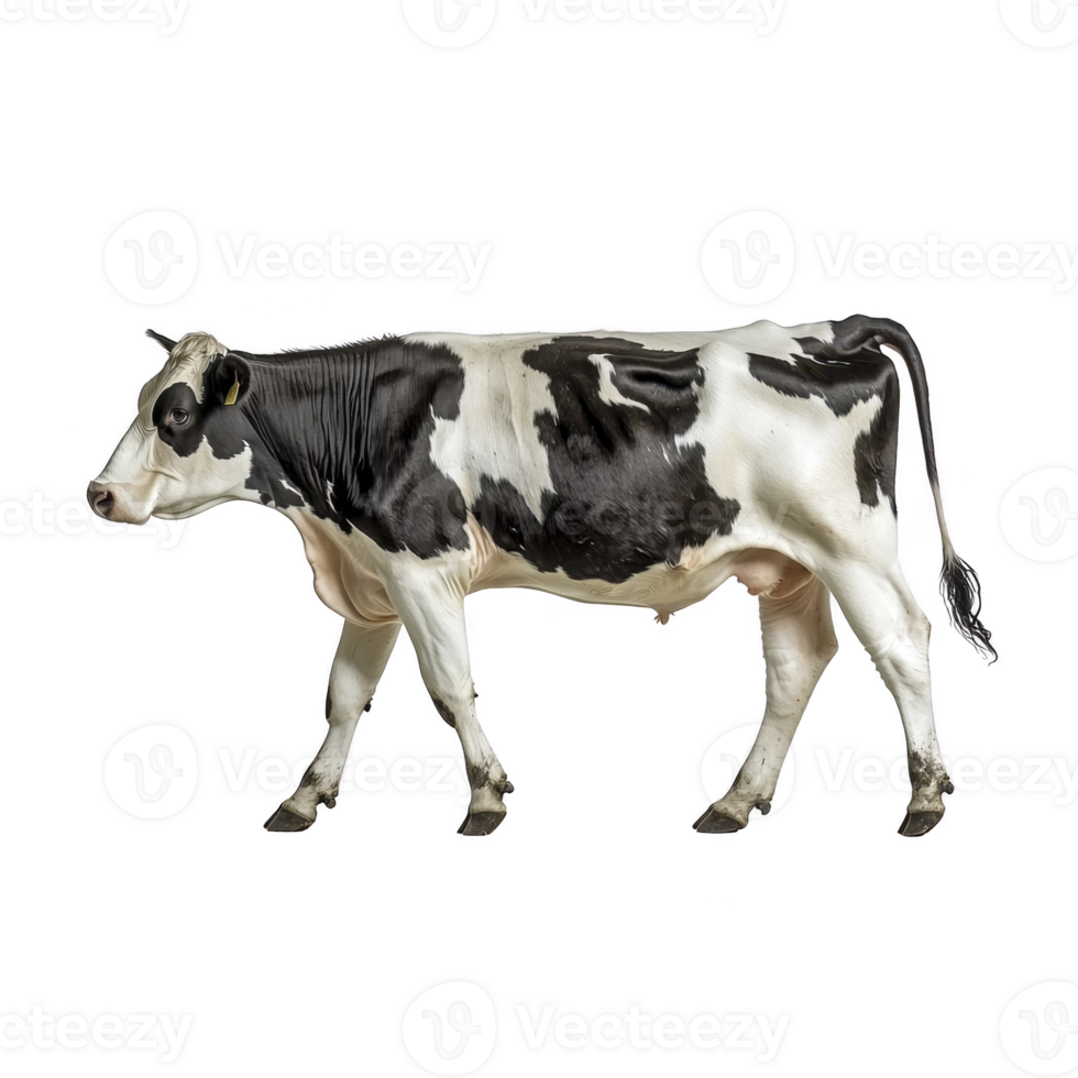 Black and white cow stands on transparency background, showcasing its distinctive markings and calm demeanor. cow is facing left, highlighting its profile and natural features png