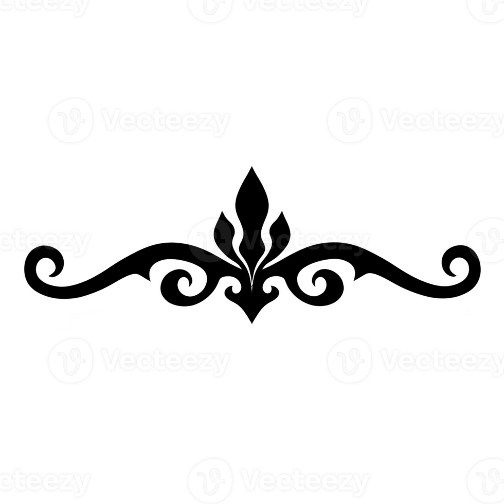 Elegant black ornamental flourish design with central floral motif and symmetrical swirling elements, perfect for decorative purposes png