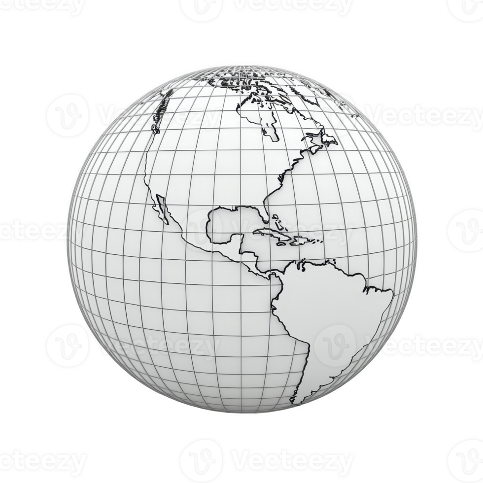 Monochrome wireframe globe showing continents with grid lines, representing digital or conceptual world map. design is minimalistic and focuses on Americas png