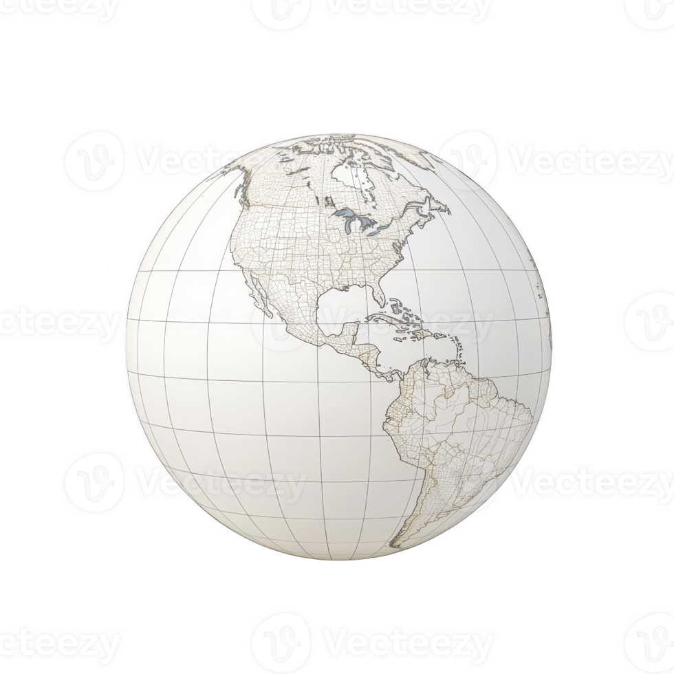 Detailed globe illustration showing North and South America with grid lines and neutral color scheme. map highlights geographical boundaries and topographical features png