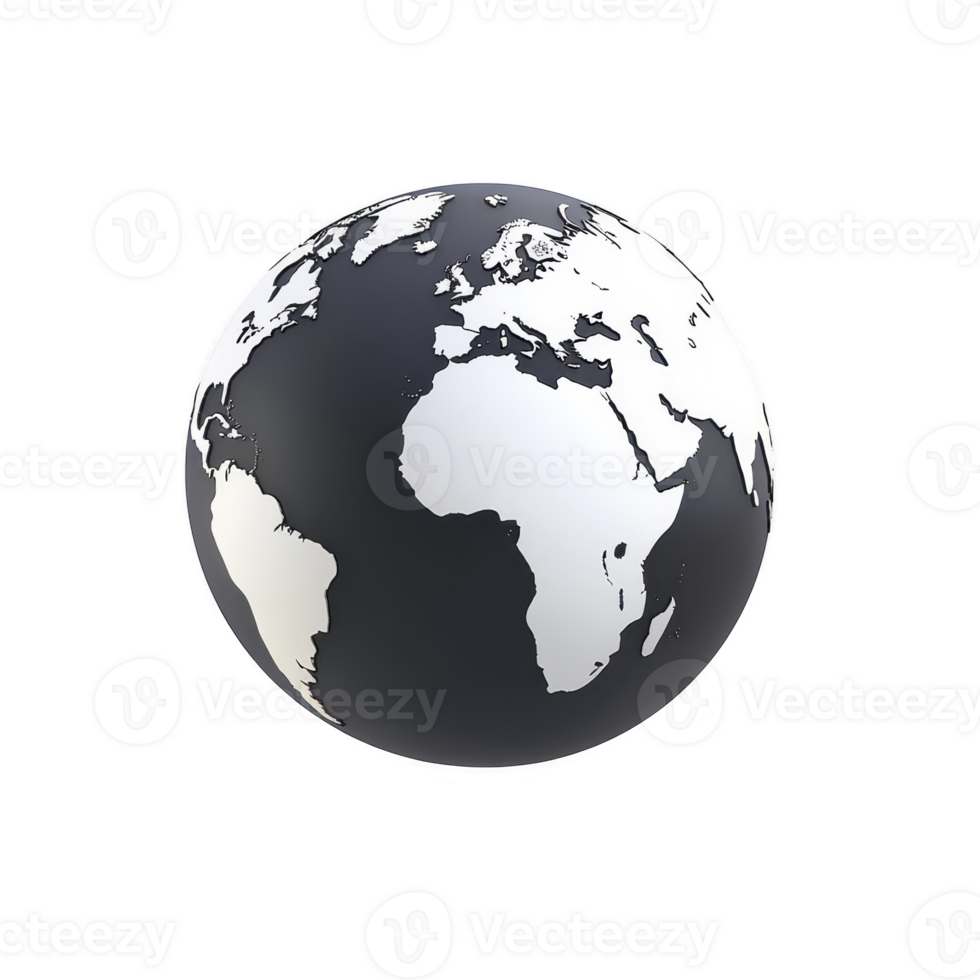 Monochrome globe illustration showing continents in black and white, highlighting Africa, Europe, and parts of Asia. minimalist design emphasizes simplicity and contrast png