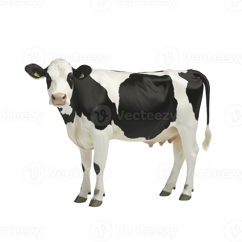 Black and white Holstein cow stands facing forward, showcasing its distinctive markings and large ears. cow appears calm and is positioned against plain background png