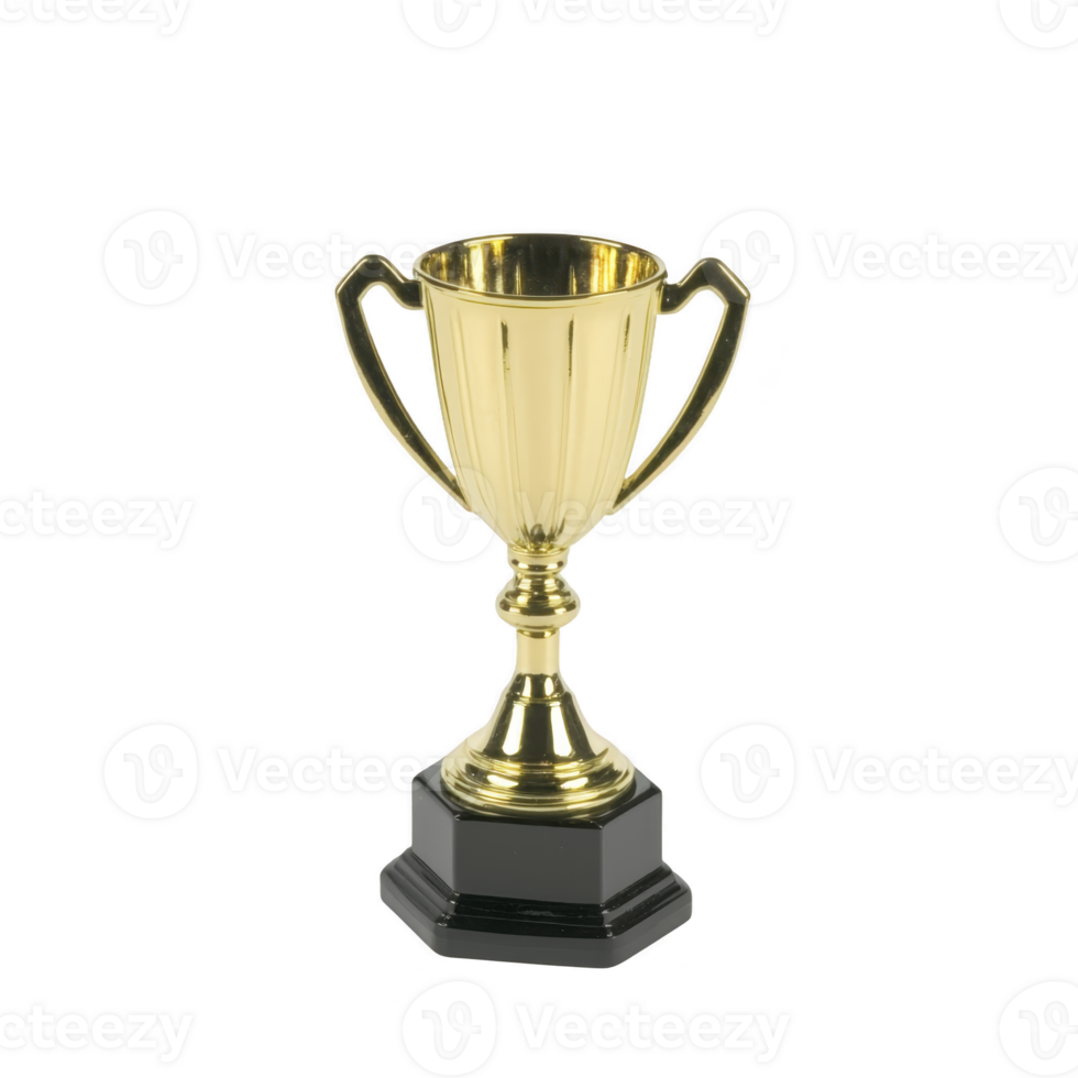 Shiny gold trophy with black base, symbolizing achievement and success. trophy features two handles and classic design, often used in competitions and award ceremonies png