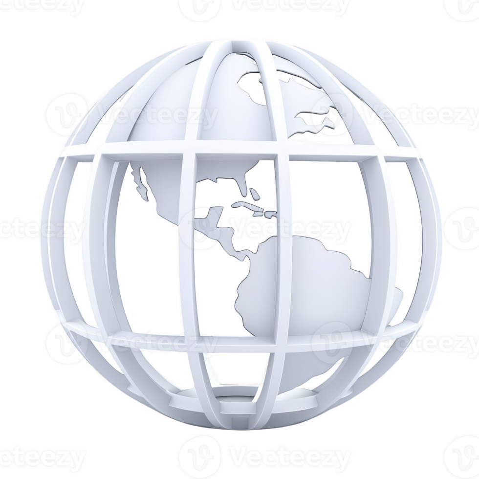 3D white globe sculpture with grid lines represents Earth, focusing on Americas. minimalist design emphasizes global connectivity and modern aesthetics png