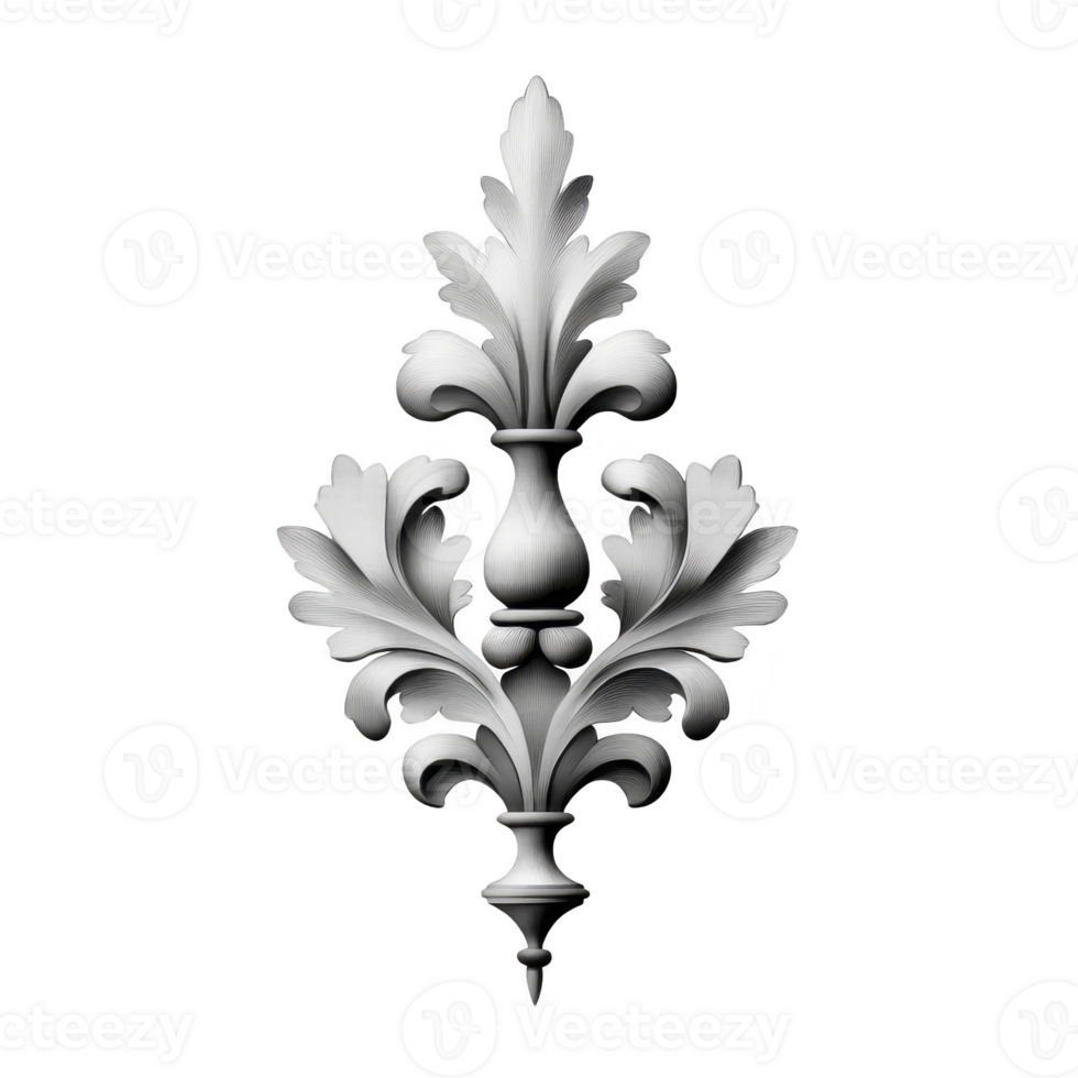 Ornate, symmetrical silver ornament with intricate leaf patterns and central vase like structure, showcasing elegant design and craftsmanship png