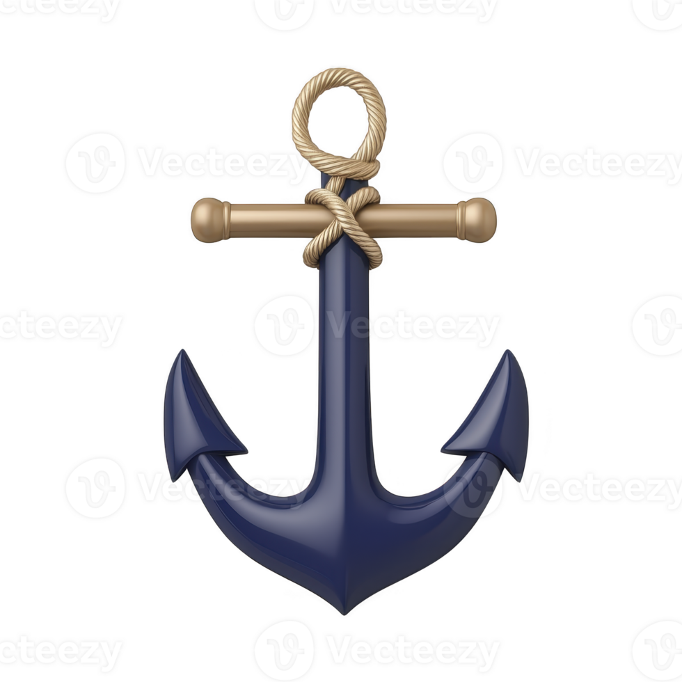 Navy blue anchor with rope wrapped around top, symbolizing maritime themes and nautical adventures. anchor is depicted with glossy finish, highlighting its classic design png