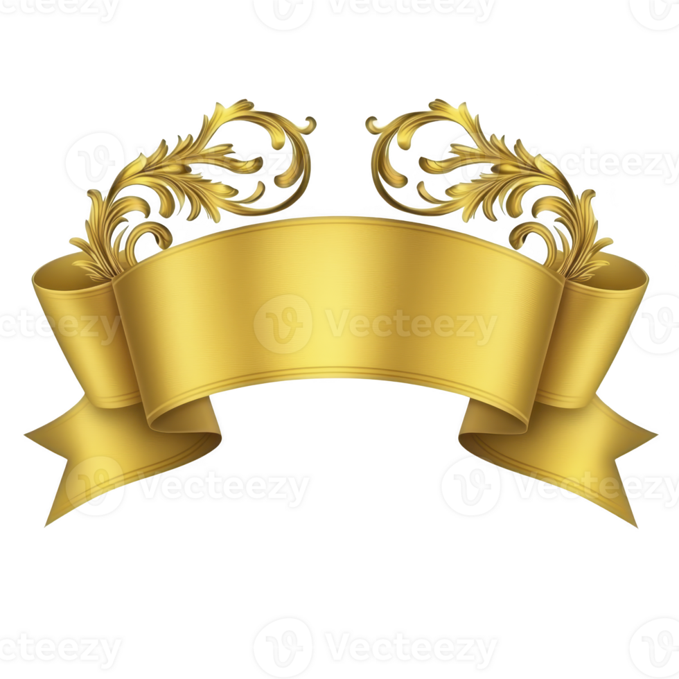 Decorative golden ribbon banner with ornate floral elements, perfect for elegant invitations or announcements. luxurious design adds touch of sophistication and style png