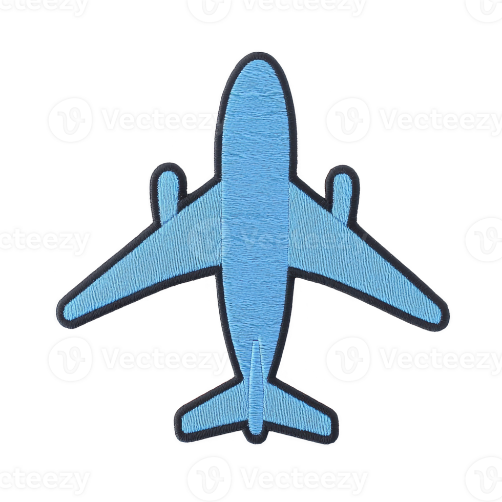 Blue airplane silhouette patch with textured fabric design, showcasing simple and clean style. patch is isolated on transparency background, emphasizing its shape and color png