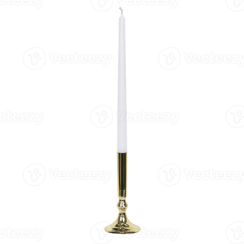Tall, elegant white candle stands in shiny gold candlestick holder, creating classic and sophisticated look. candle is unlit, with smooth surface and slightly tapered design png