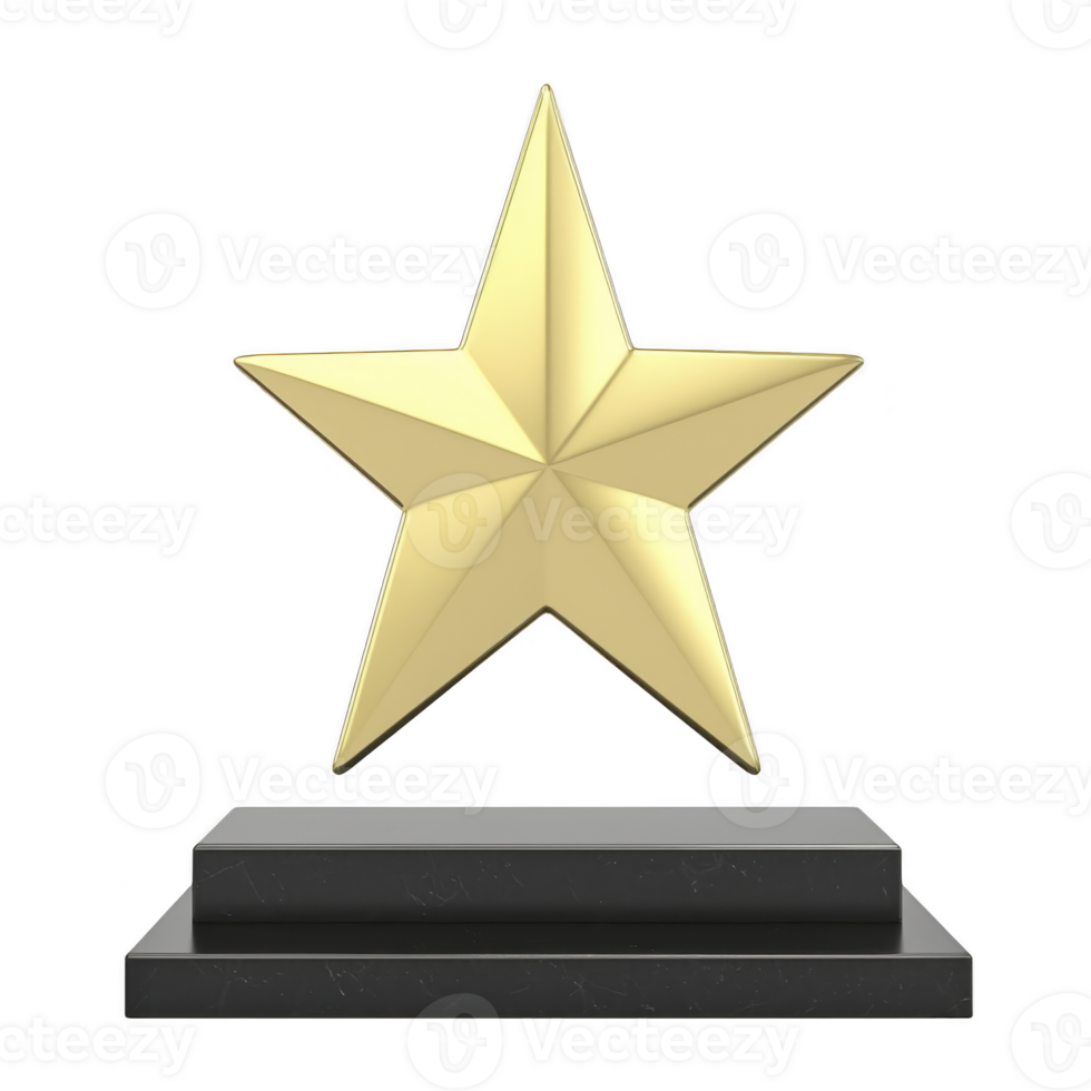 Shiny gold star trophy with black marble base symbolizes achievement and excellence. star metallic finish and geometric design create sense of prestige and celebration png