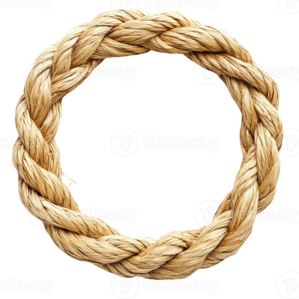 Circular braided rope made of natural fibers forms rustic wreath, showcasing intricate weaving and natural texture. This decorative piece is perfect for adding touch of nature to any setting png