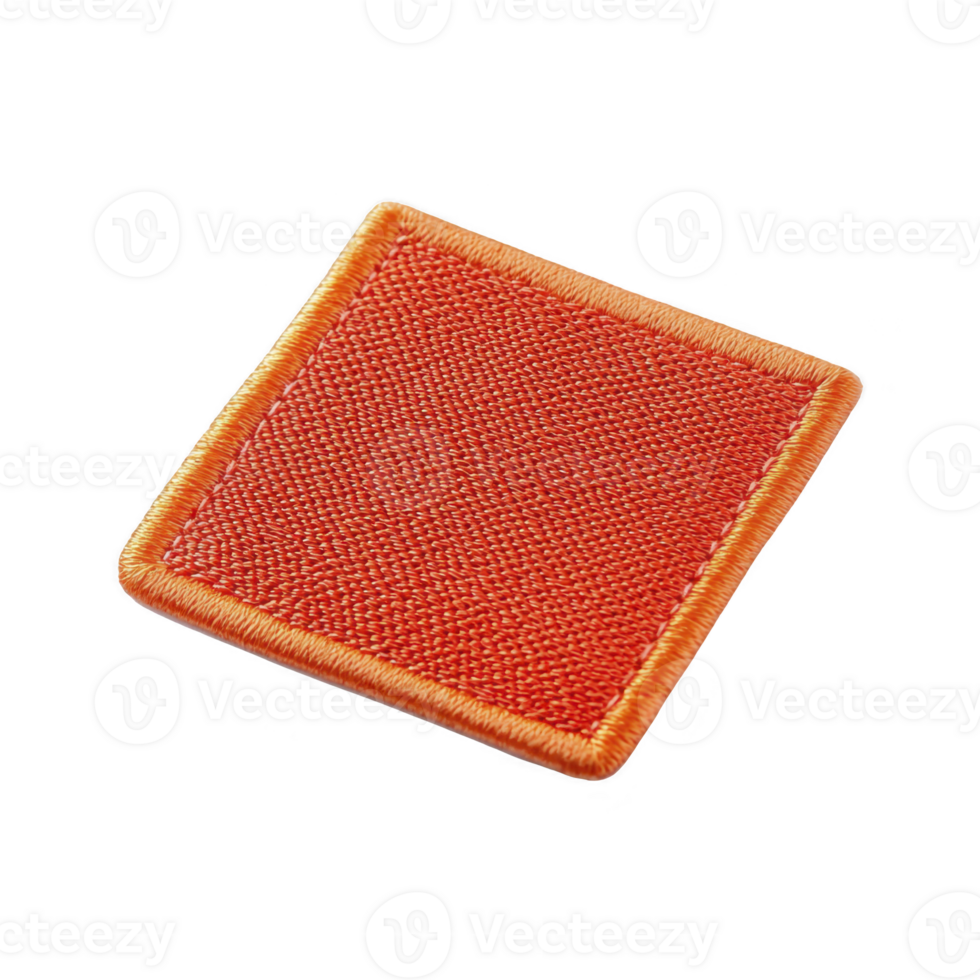 Square orange fabric patch with textured surface and embroidered edges, isolated on transparency background. patch is simple and versatile, suitable for various applications png