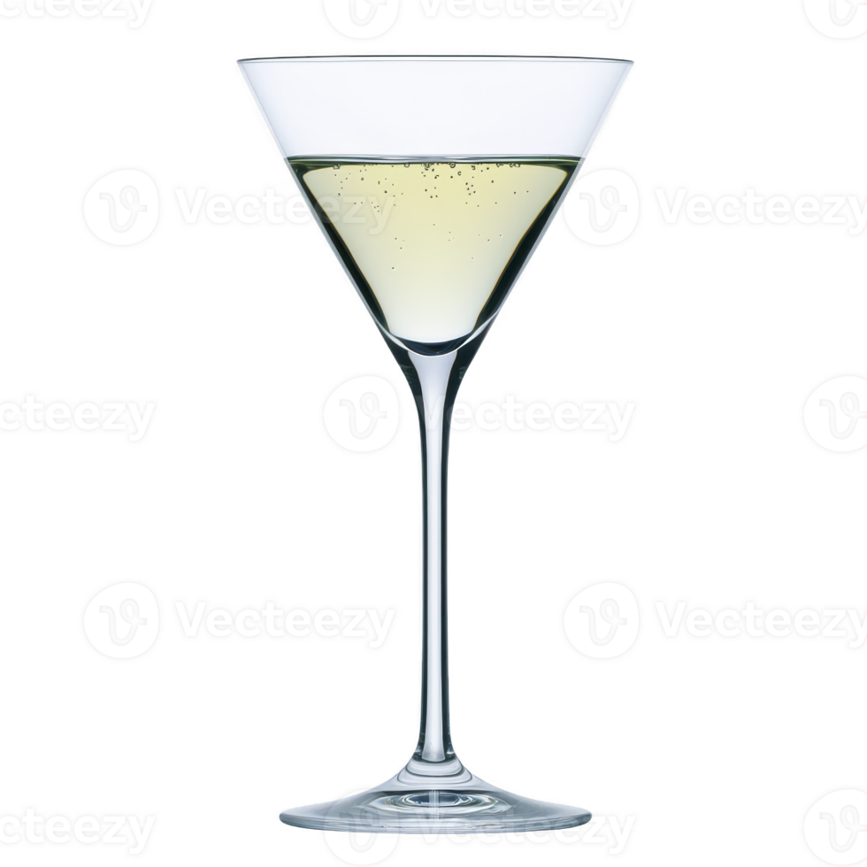 Clear martini glass filled with light yellow cocktail, showcasing classic and elegant design. drink appears refreshing with tiny bubbles visible, suggesting fizzy texture png