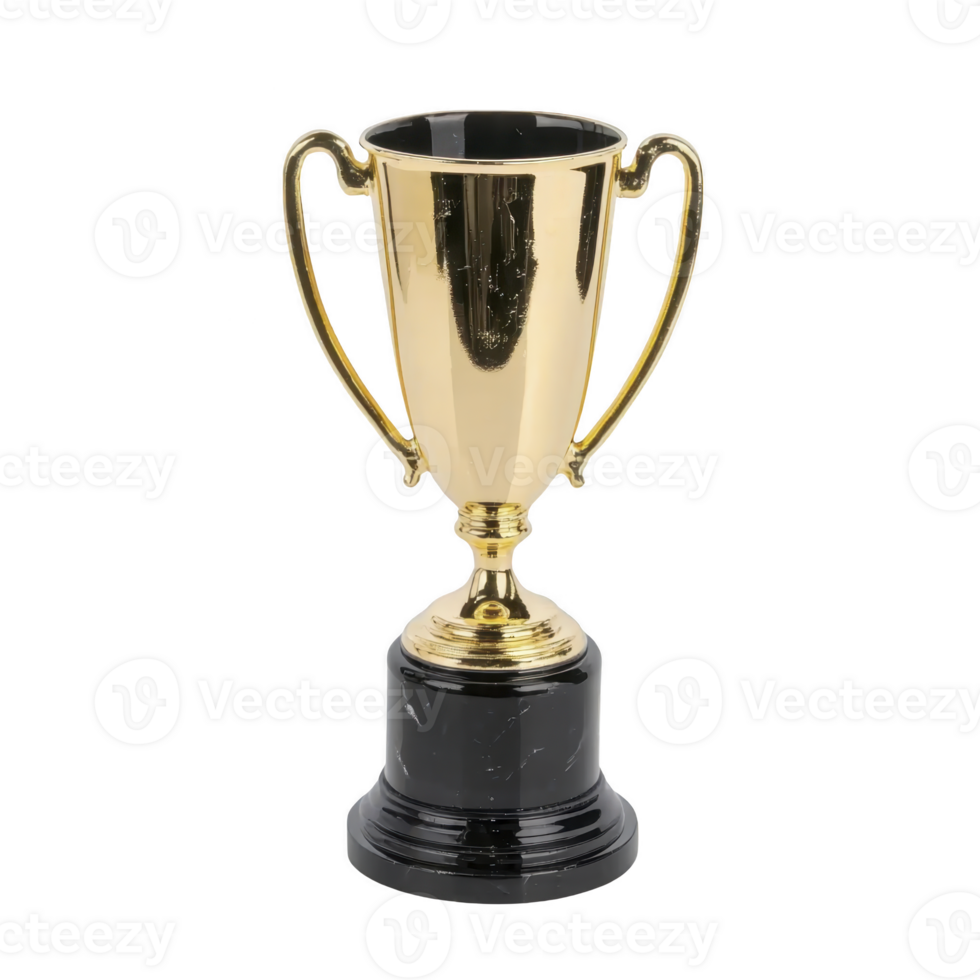 Shiny gold trophy with two handles sits atop black base, symbolizing achievement and success. elegant design and polished finish make it ideal for awards and recognition ceremonies png
