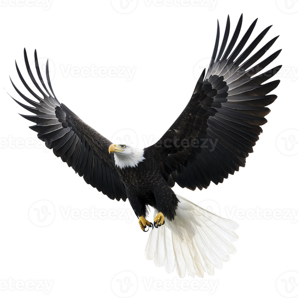Majestic bald eagle soars with wings fully spread, showcasing its powerful presence and striking features against clear sky png