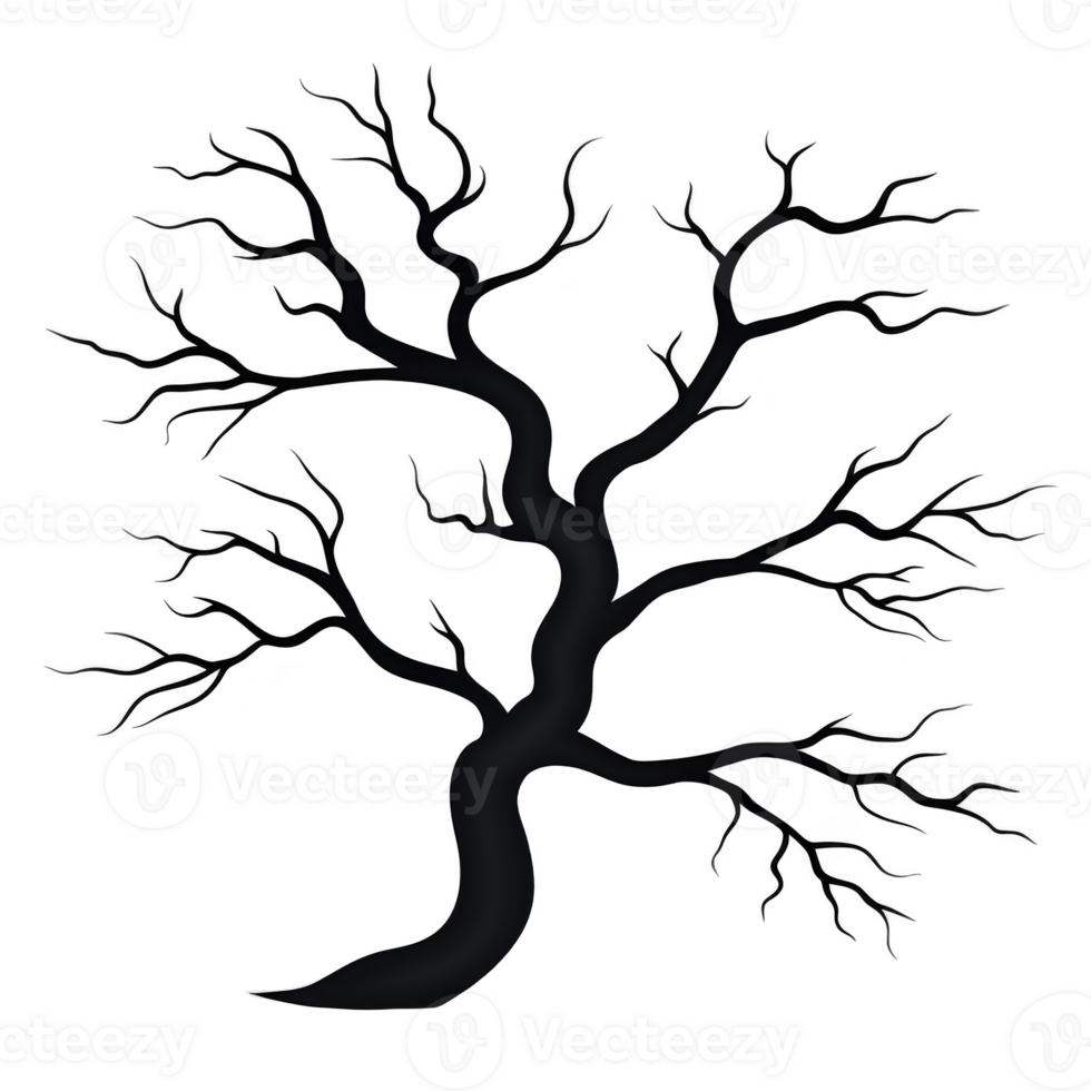 Silhouette of leafless tree with intricate branches creates stark and dramatic visual against plain background. bare branches spread out in various directions, forming intricate pattern png