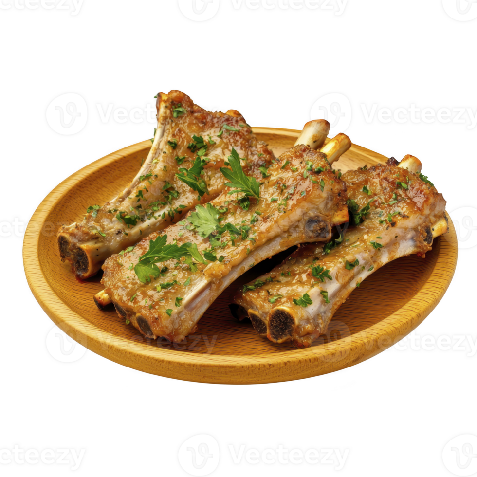 Savory grilled ribs garnished with fresh herbs on wooden plate, showcasing delicious and appetizing meal. Perfect for barbecue or dinner setting png