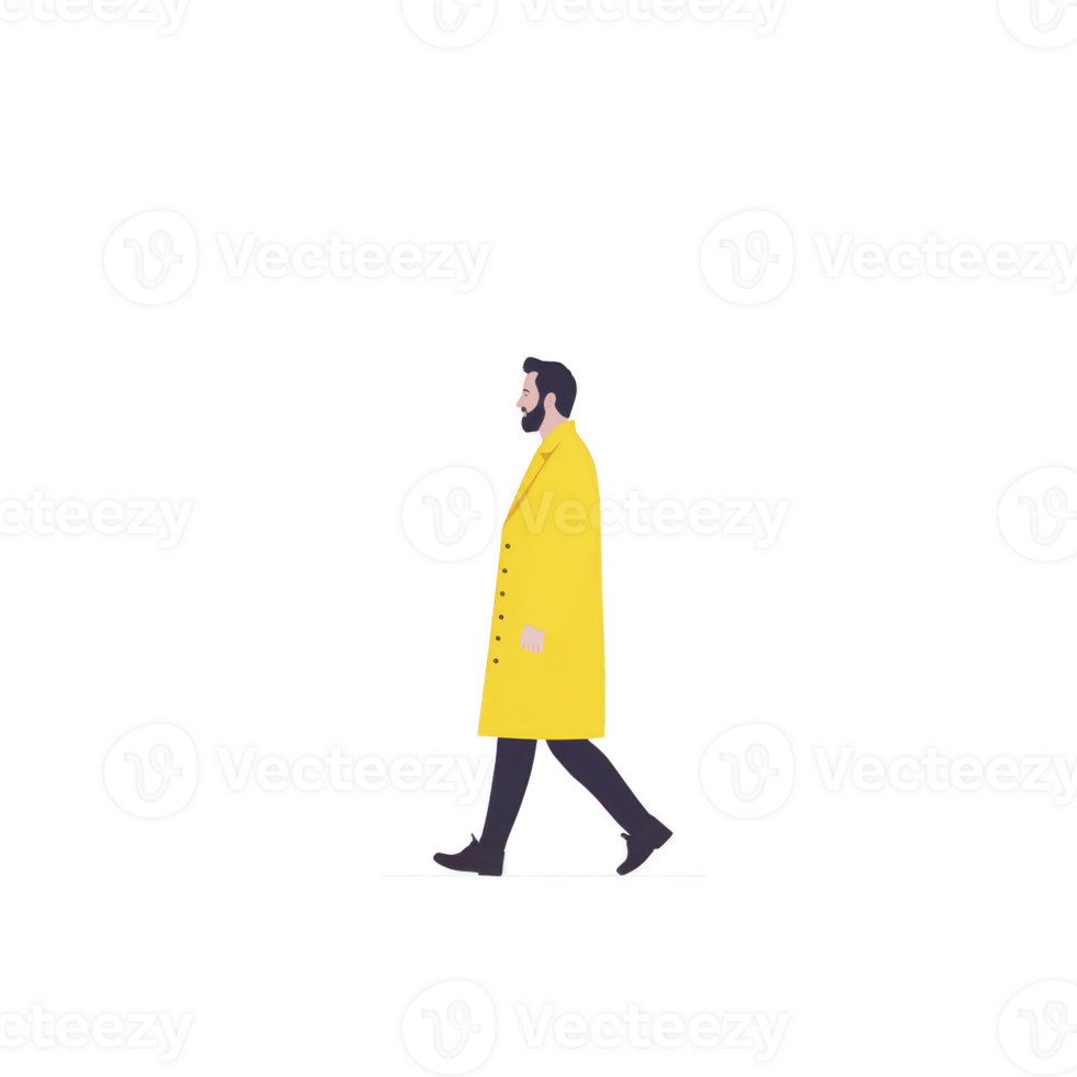 Man in yellow coat walks confidently, showcasing minimalist style against transparency background. simplicity and bold color create striking visual impact png