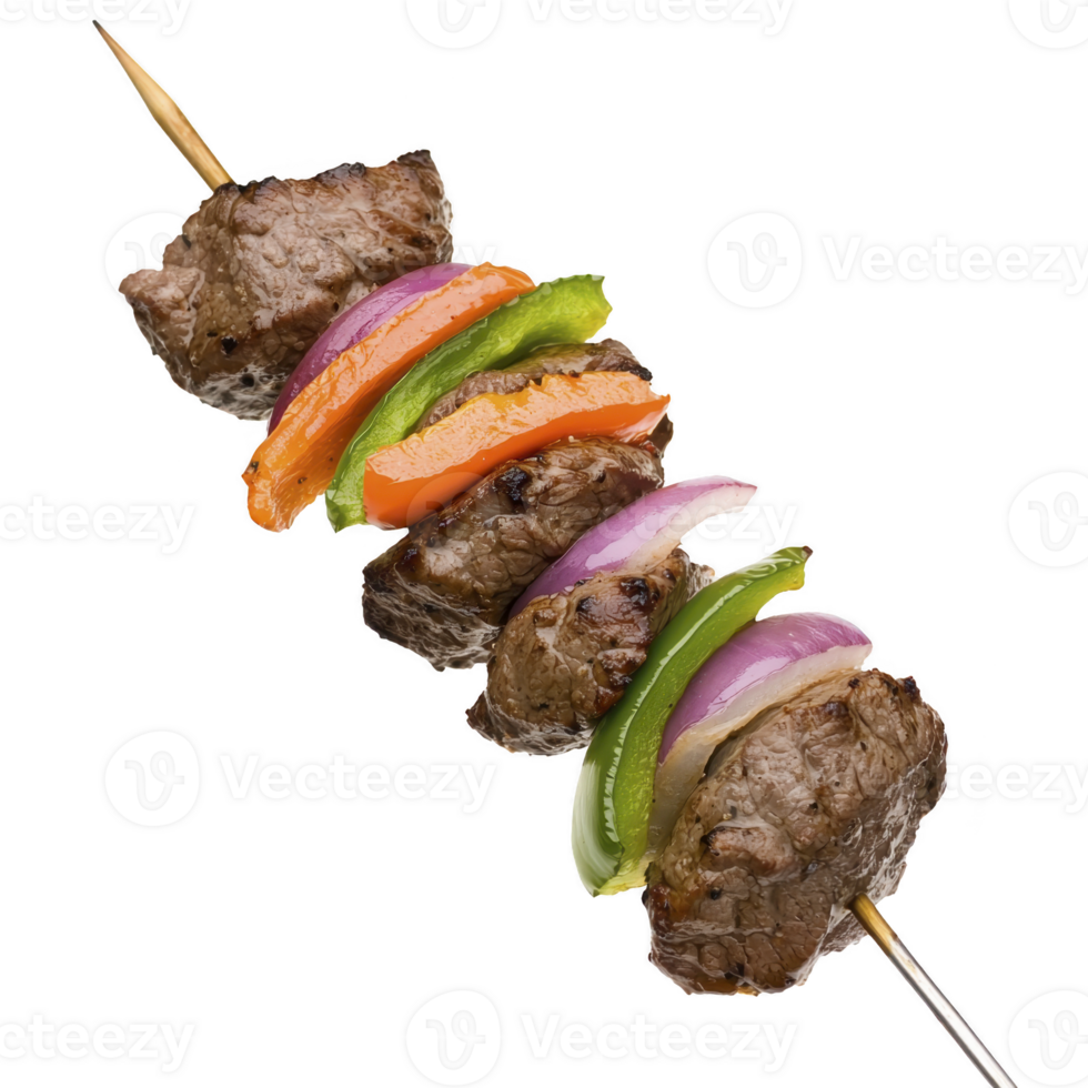 Skewer with grilled beef, red onion, green and orange bell peppers creates colorful and appetizing presentation. juicy meat and vibrant vegetables are perfect for barbecue png