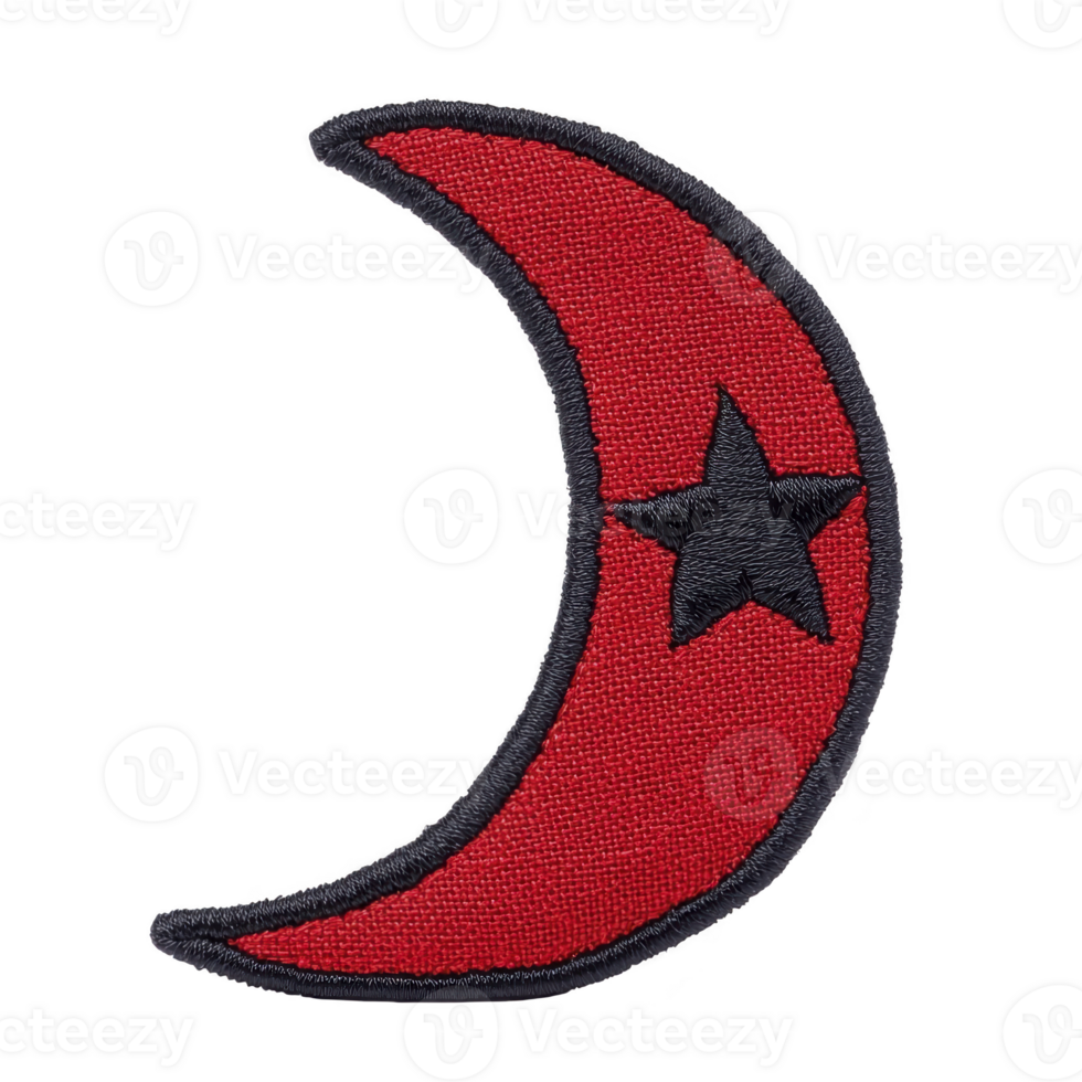 Red crescent moon with black star patch design, featuring textured fabric appearance and bold outlines, evokes sense of mystery and style png