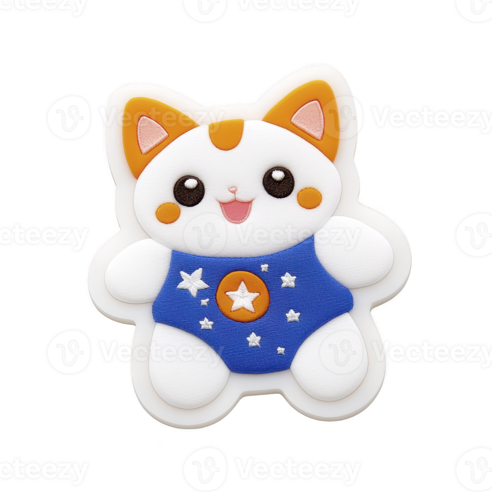 Cute cartoon cat with orange ears and blue starry outfit, smiling joyfully. design is playful and colorful, perfect for children themes or playful decor png