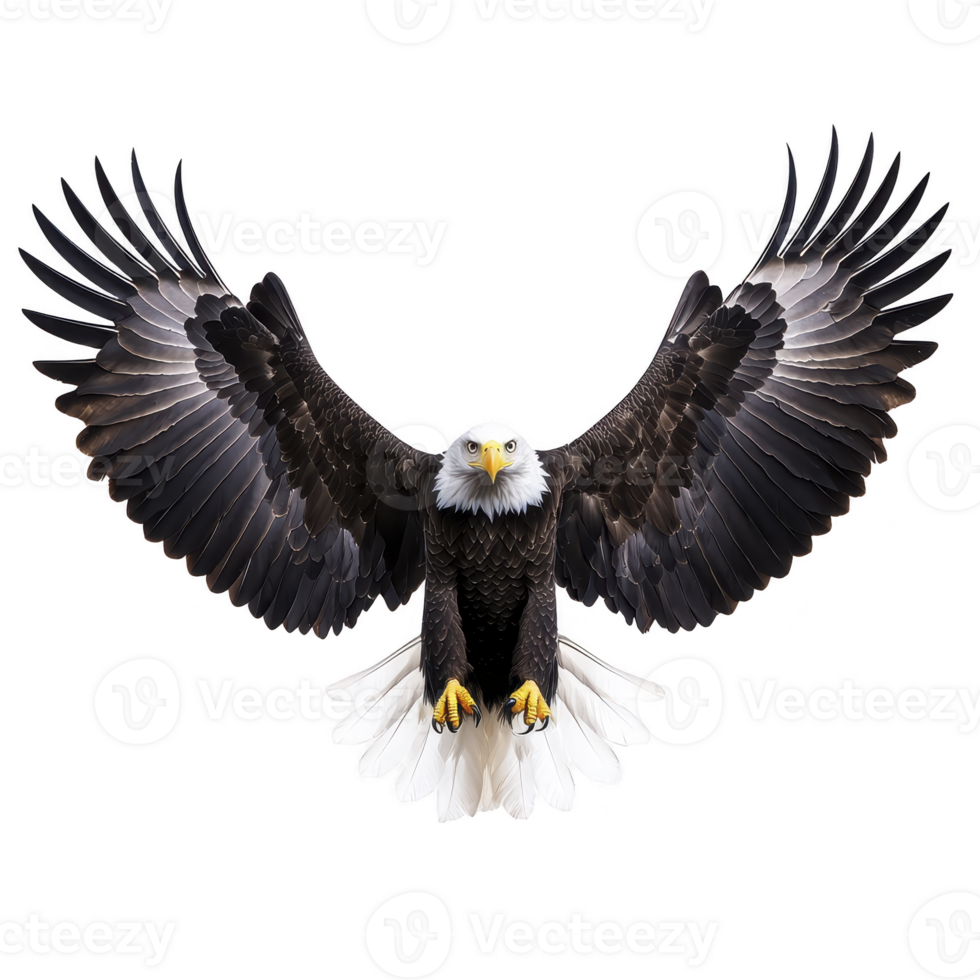 Majestic bald eagle with outstretched wings soars gracefully, showcasing its powerful presence and striking features. bird sharp gaze and detailed plumage are captivating png