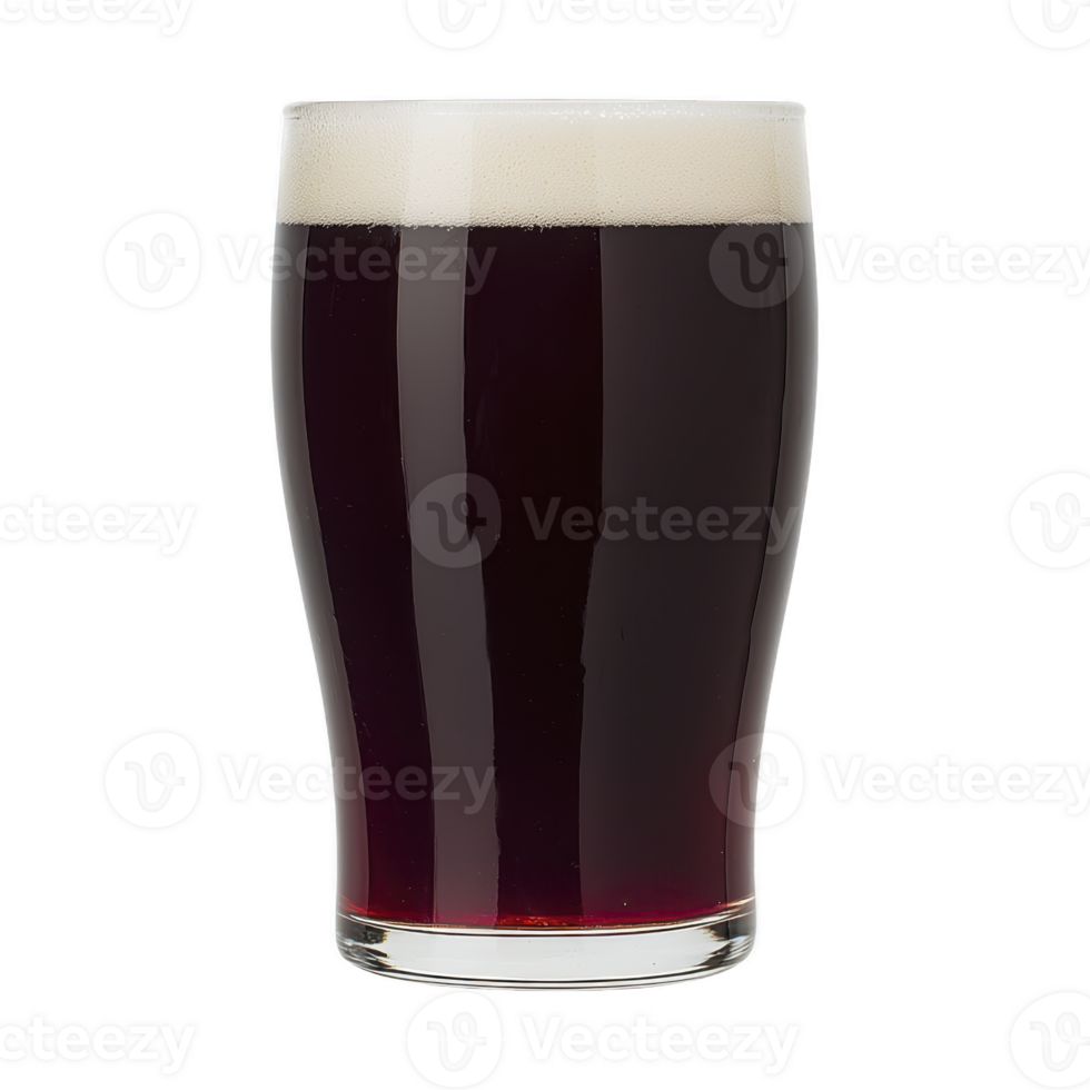 Pint of dark beer with creamy foam head sits in clear glass, showcasing its rich color and inviting texture. beverage appears smooth and refreshing png
