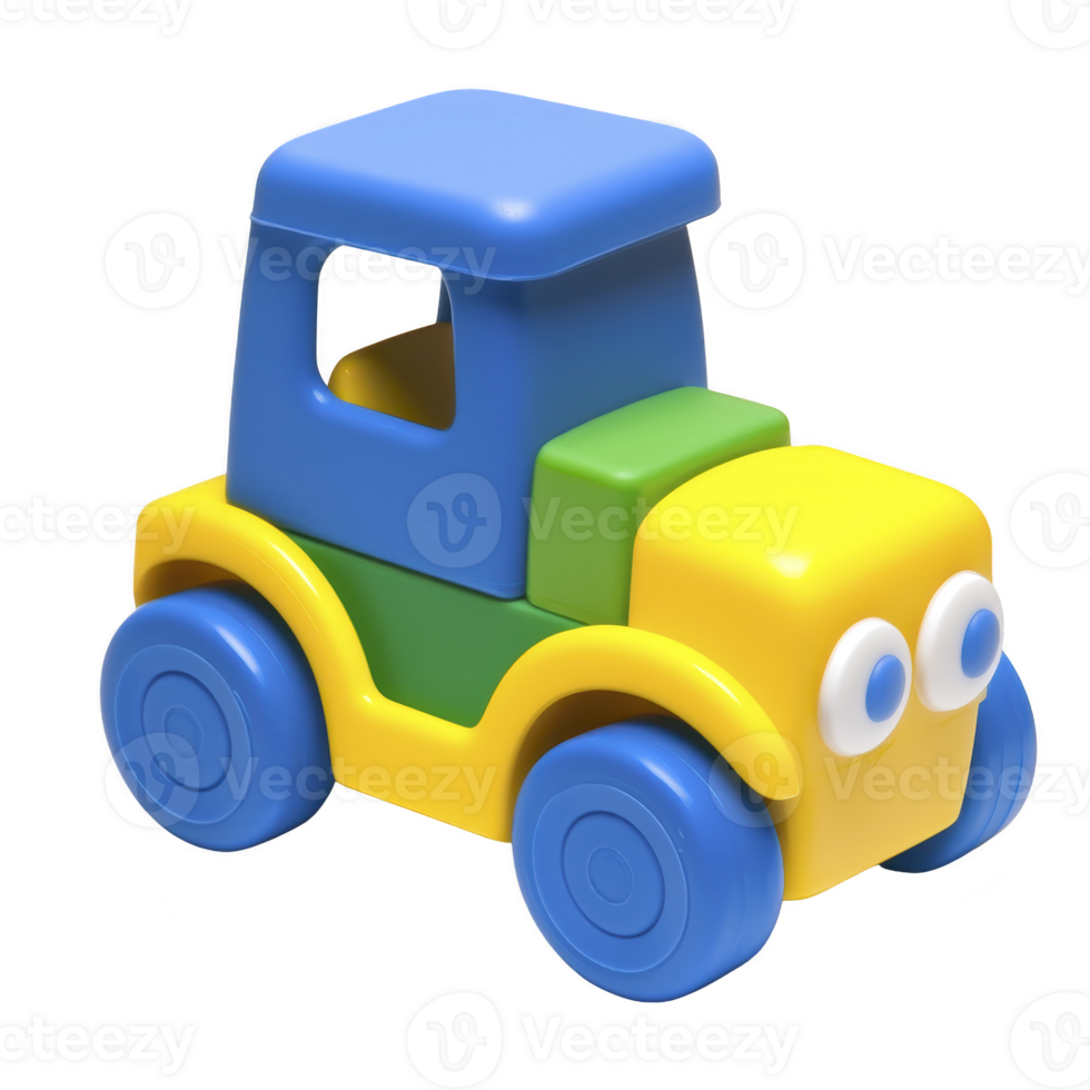 Colorful plastic toy car with blue roof, yellow body, and large eyes, designed for children play. toy features simple shapes and vibrant colors, appealing to young kids png