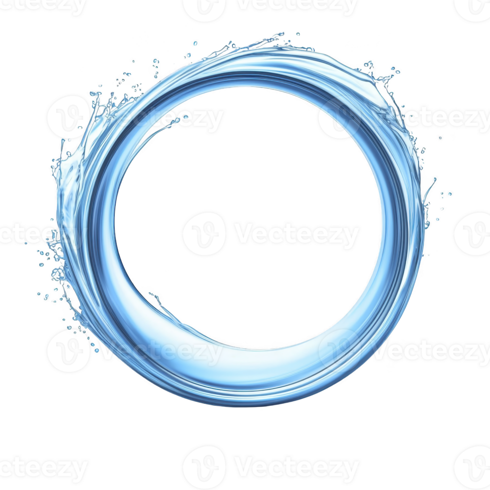 Dynamic splash of water forms perfect circle, creating sense of motion and fluidity. clear blue tones and splashes convey freshness and energy png