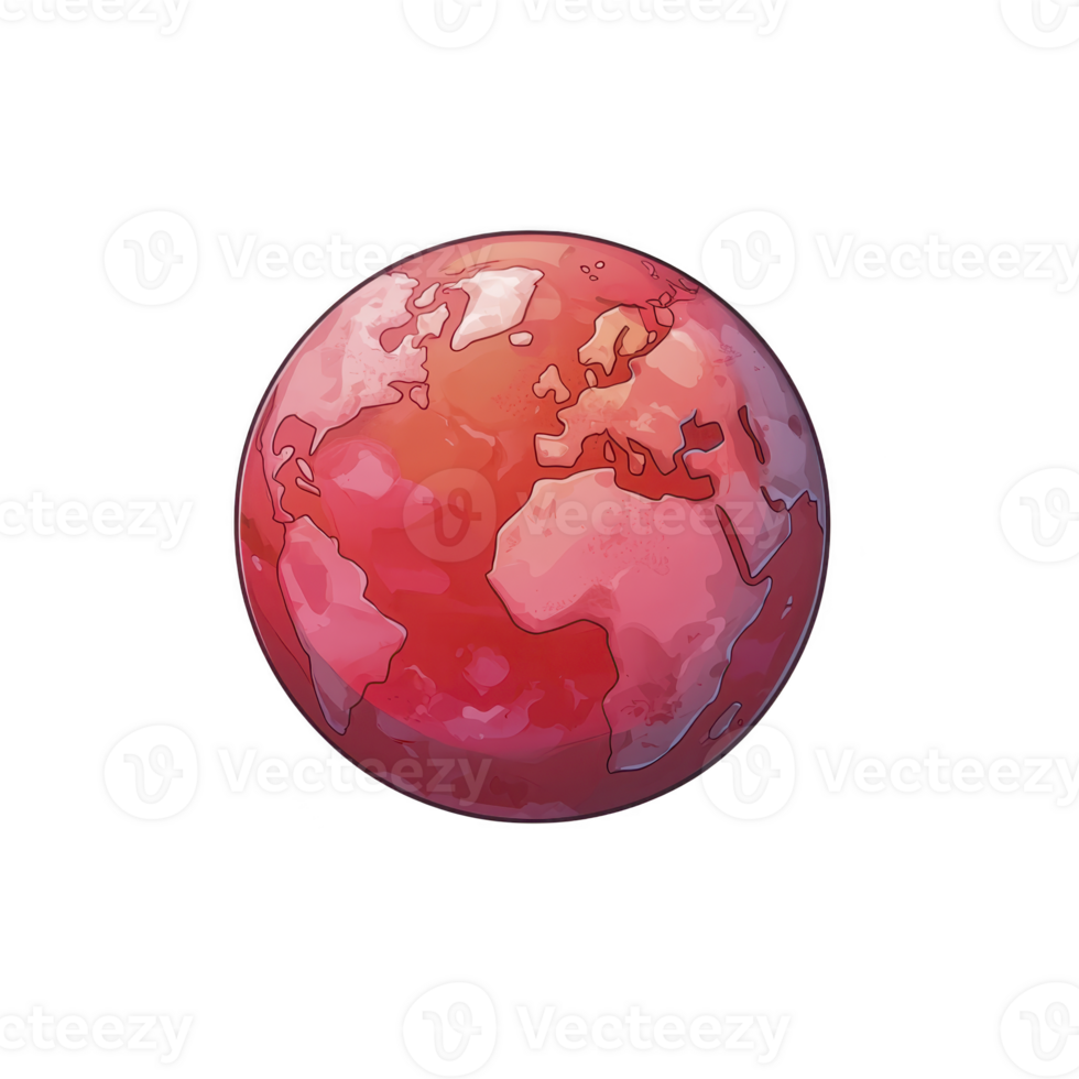 Vibrant red globe illustration depicting continents with watercolor effect, symbolizing global unity and environmental awareness. artistic style adds creative touch to world map png